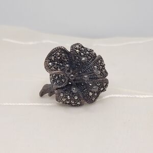 Vtg Black 925 Sterling Silver Marcasite 3D Hibiscus Lilly Floral Size 7.75 Ring
